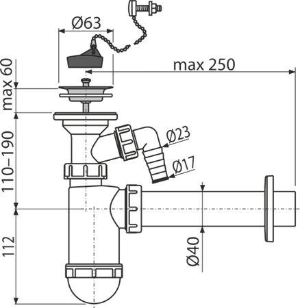 Syfon umywalkowy DN40 z przyłączem, sitko nierdzewne DN63, korek z łańcuszkiem