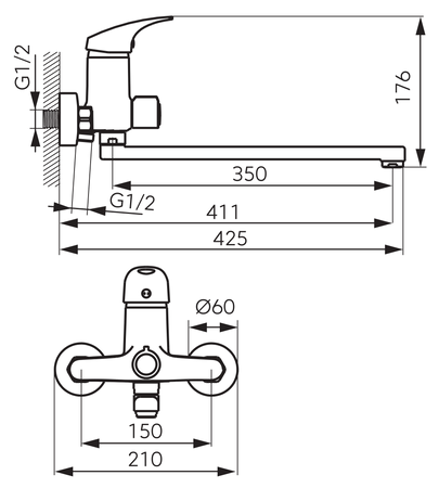 FERRO ONE bateria wannowa z wylewką 350mm bez zestawu natryskowego, chrom