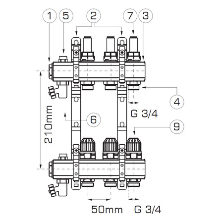 Rozdzielacz 11-drogowy z zaworami termostatycznymi i przepływomierzami, standard